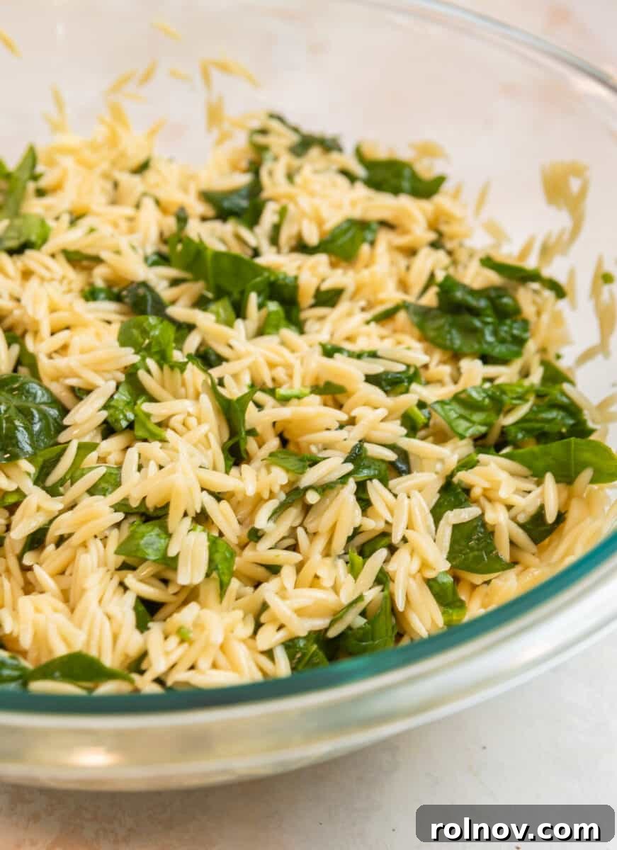 Emerald Orzo Pesto Salad 7 Cooked orzo and spinach in glass mixing bowl
