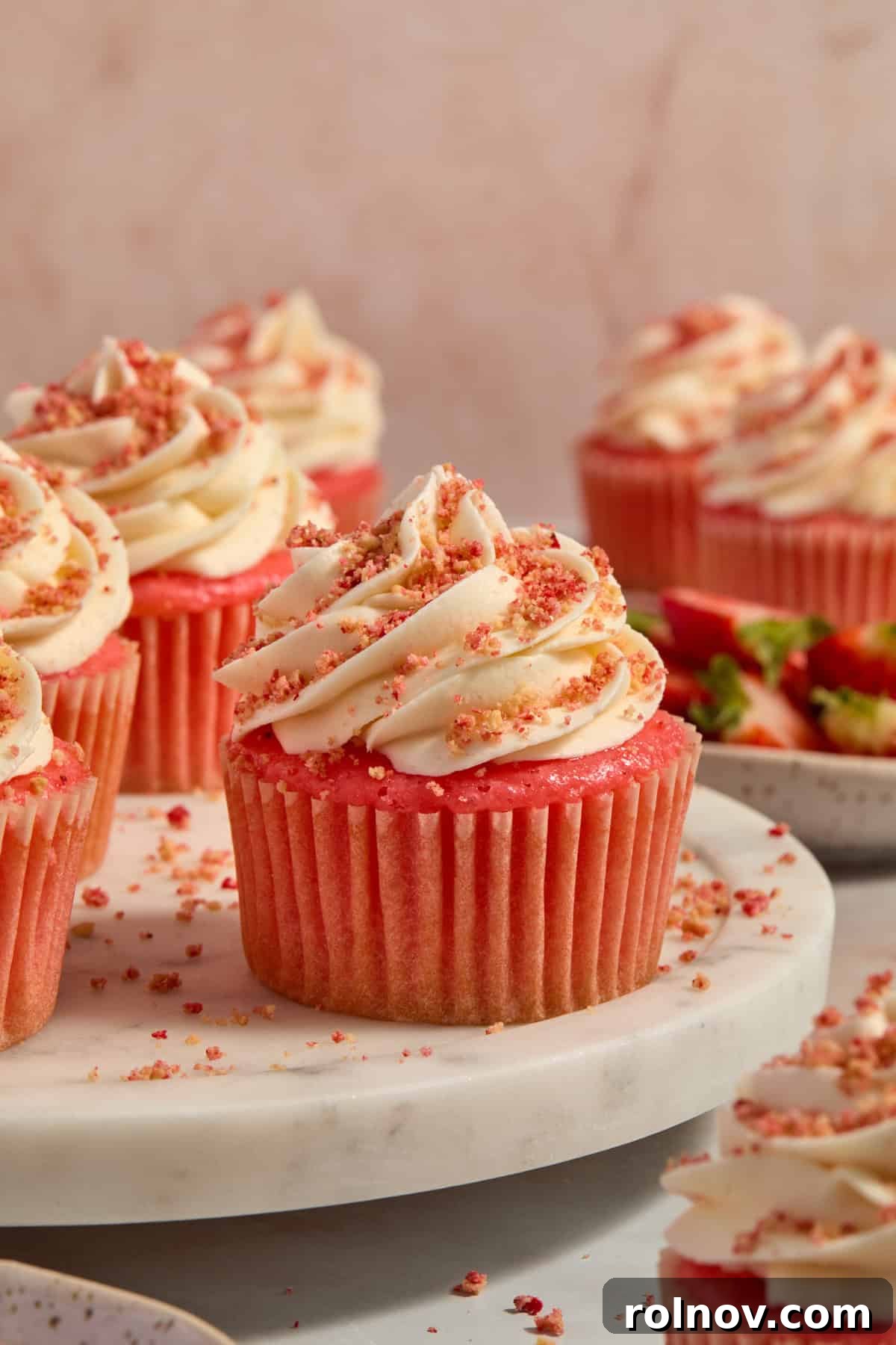 Berry Crunch Bliss Cupcakes 12 Strawberry cupcakes frosted with vanilla buttercream and generously sprinkled with strawberry shortcake crunch topping.