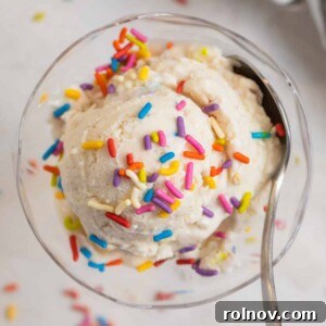 Cottage Cream Dream 13 Scoop of cottage cheese ice cream in glass bowl with spoon and rainbow sprinkles on top.