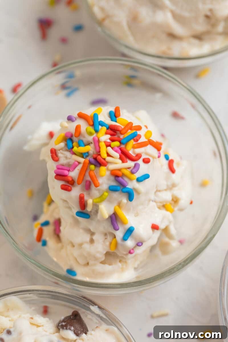 Cottage Cream Dream 4 Vanilla cottage cheese ice cream scooped in glass bowl with rainbow sprinkles.