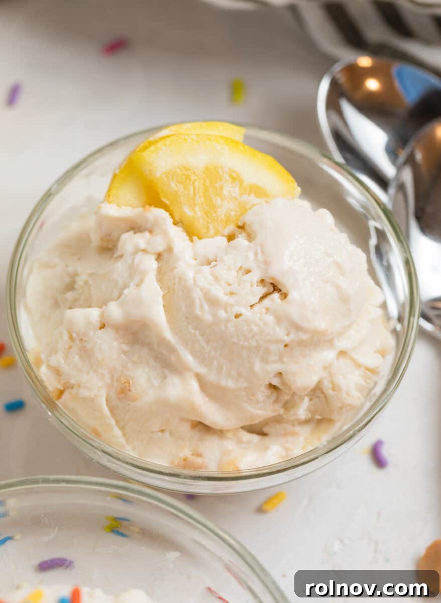 Cottage Cream Dream 7 Lemon cheesecake protein ice cream in glass bowl with lemon slices.