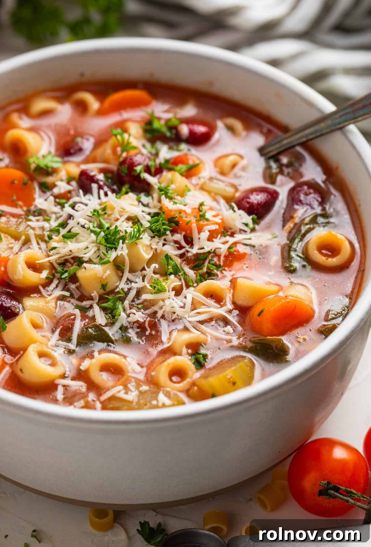 Rustic Italian Garden Vegetable Soup 2 A hearty bowl of chunky Italian vegetable soup, garnished with fresh parmesan and shredded parsley, with a spoon resting in it.