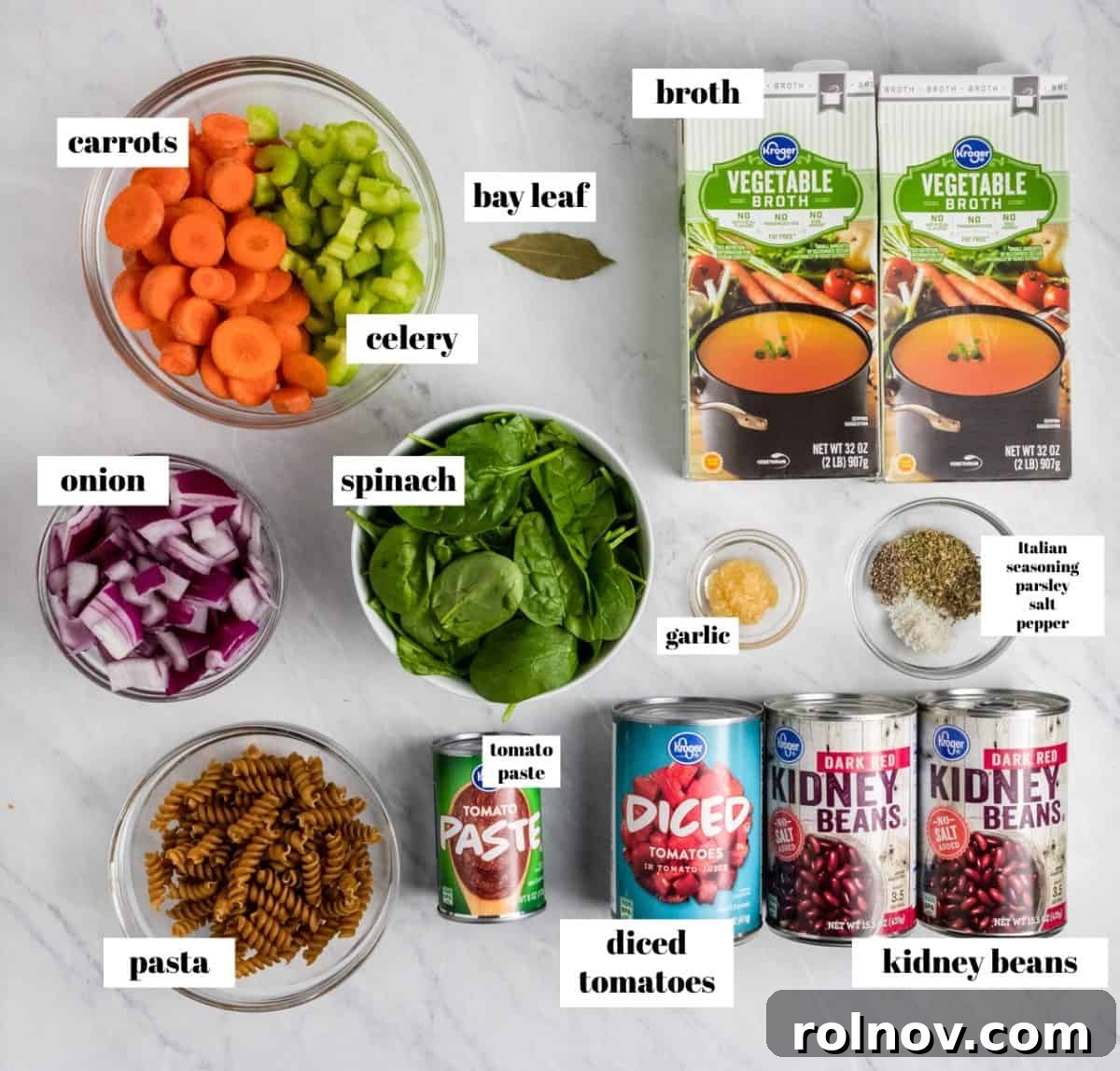 Rustic Italian Garden Vegetable Soup 4 All the fresh vegetable soup ingredients laid out on a kitchen counter, labeled for easy identification.
