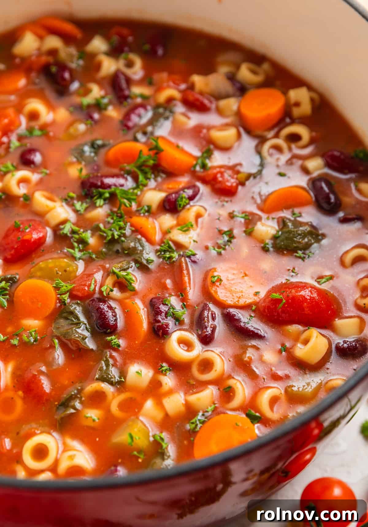 Rustic Italian Garden Vegetable Soup 7 A large pot of vibrant Italian vegetable soup, topped with fresh parsley, ready to be served.