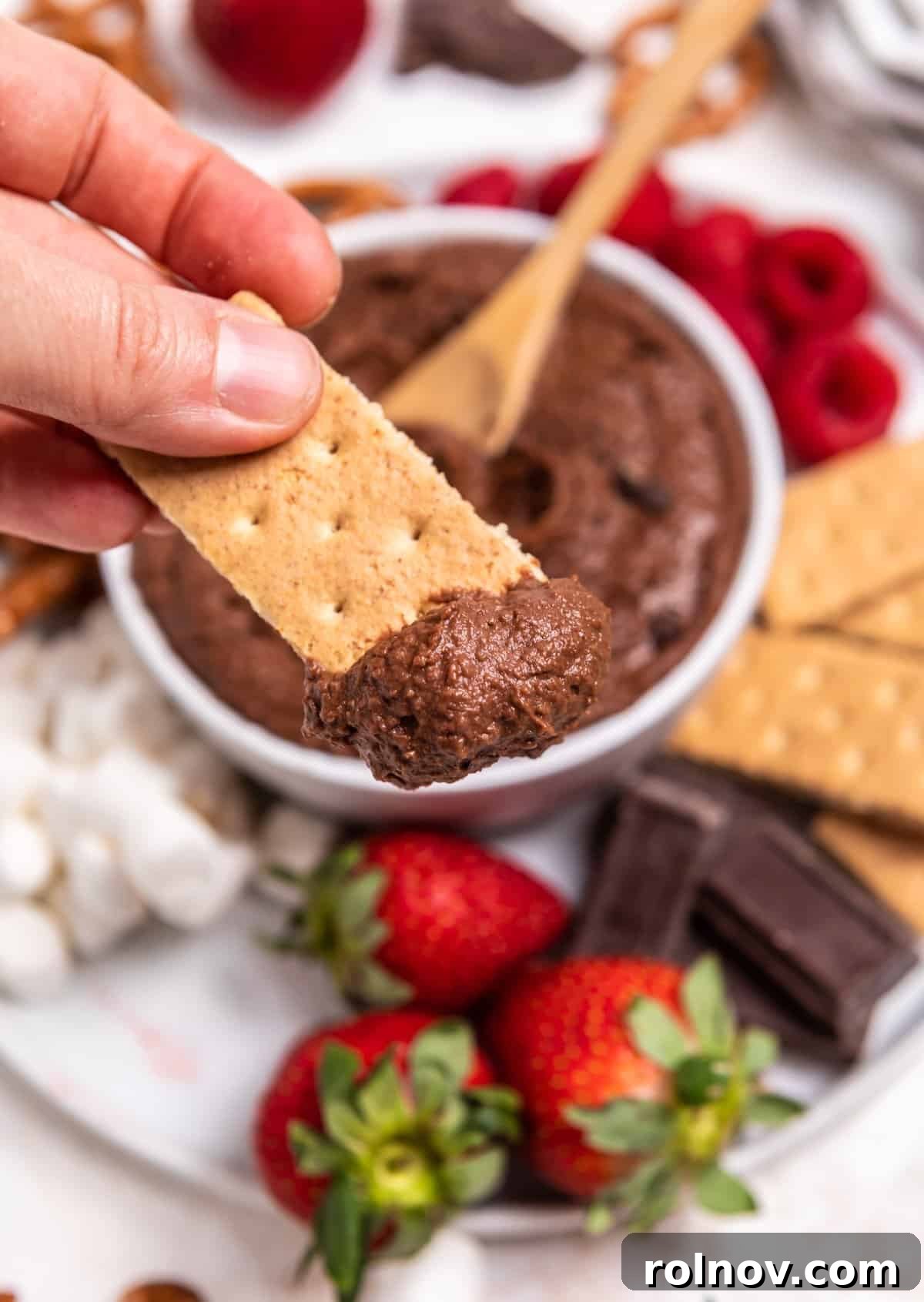 Graham cracker with chocolate hummus on it.
