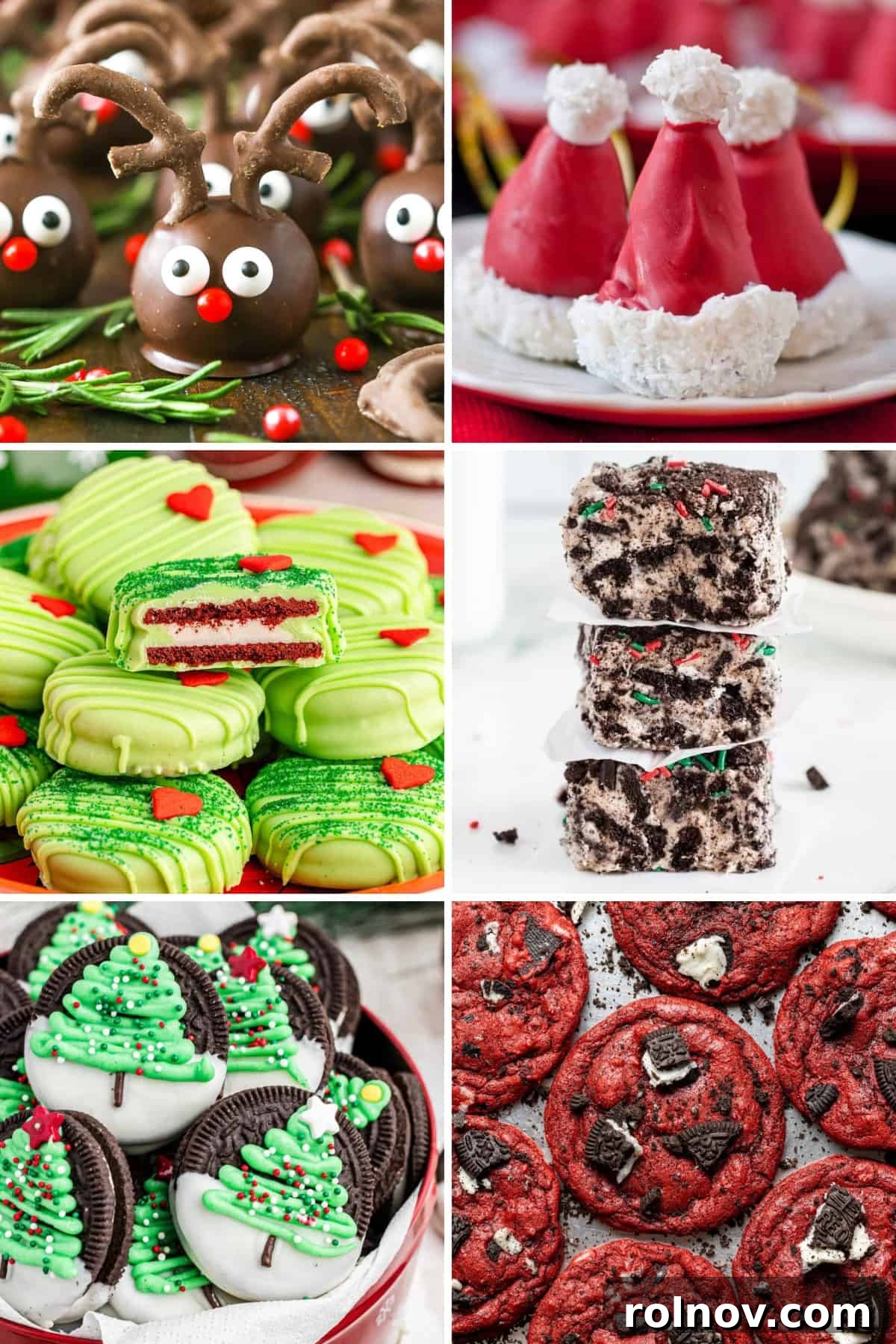 A vibrant collage of various festive Oreo Christmas recipes, showcasing decorated cookies, truffles, and other holiday delights.