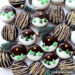 Elegant Winter Wonderland Chocolate Dipped Oreos adorned with snowflake sprinkles.