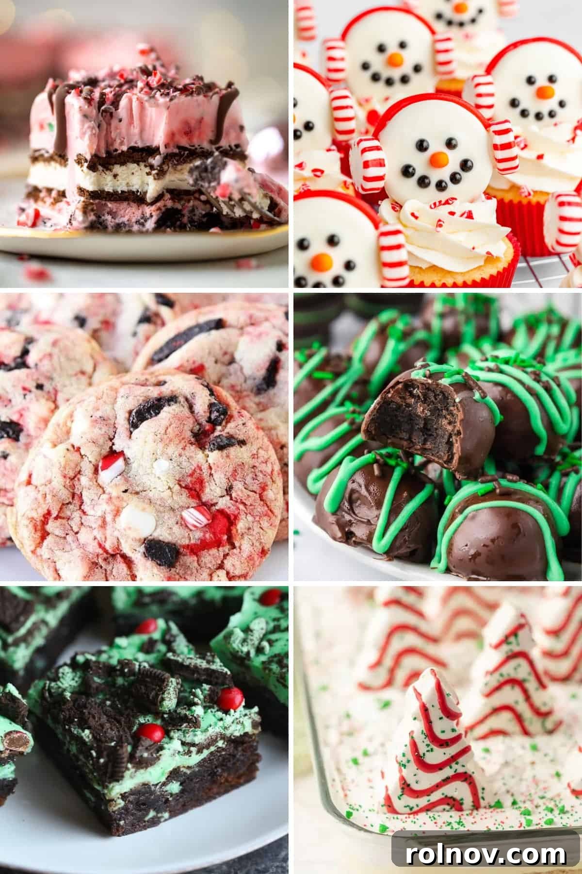 A collage featuring festive Oreo Christmas desserts, including peppermint Oreo ice cream cake, mint brownies, and other holiday treats.