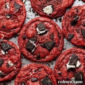 Soft and chewy Oreo Red Velvet Cookies with slightly crispy edges.