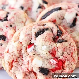 Oreo cookies baked into festive white chocolate peppermint cookies with candy cane pieces on a white plate.