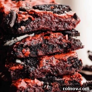 Ultra-fudgy Red Velvet Oreo Brownies with a crackly top.