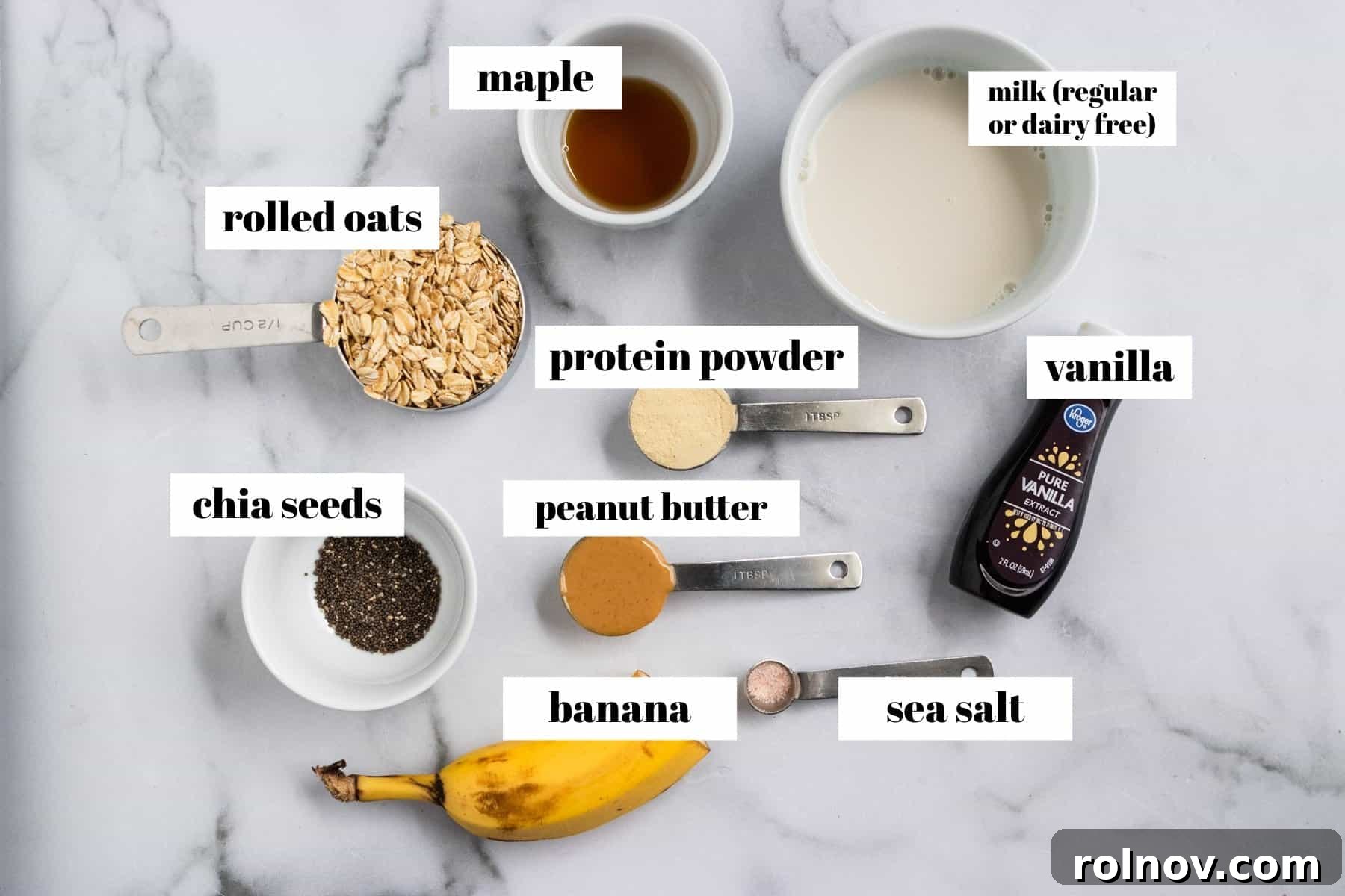 Power-Packed Overnight Oats 4 Ingredient list of peanut butter banana protein overnight oats.