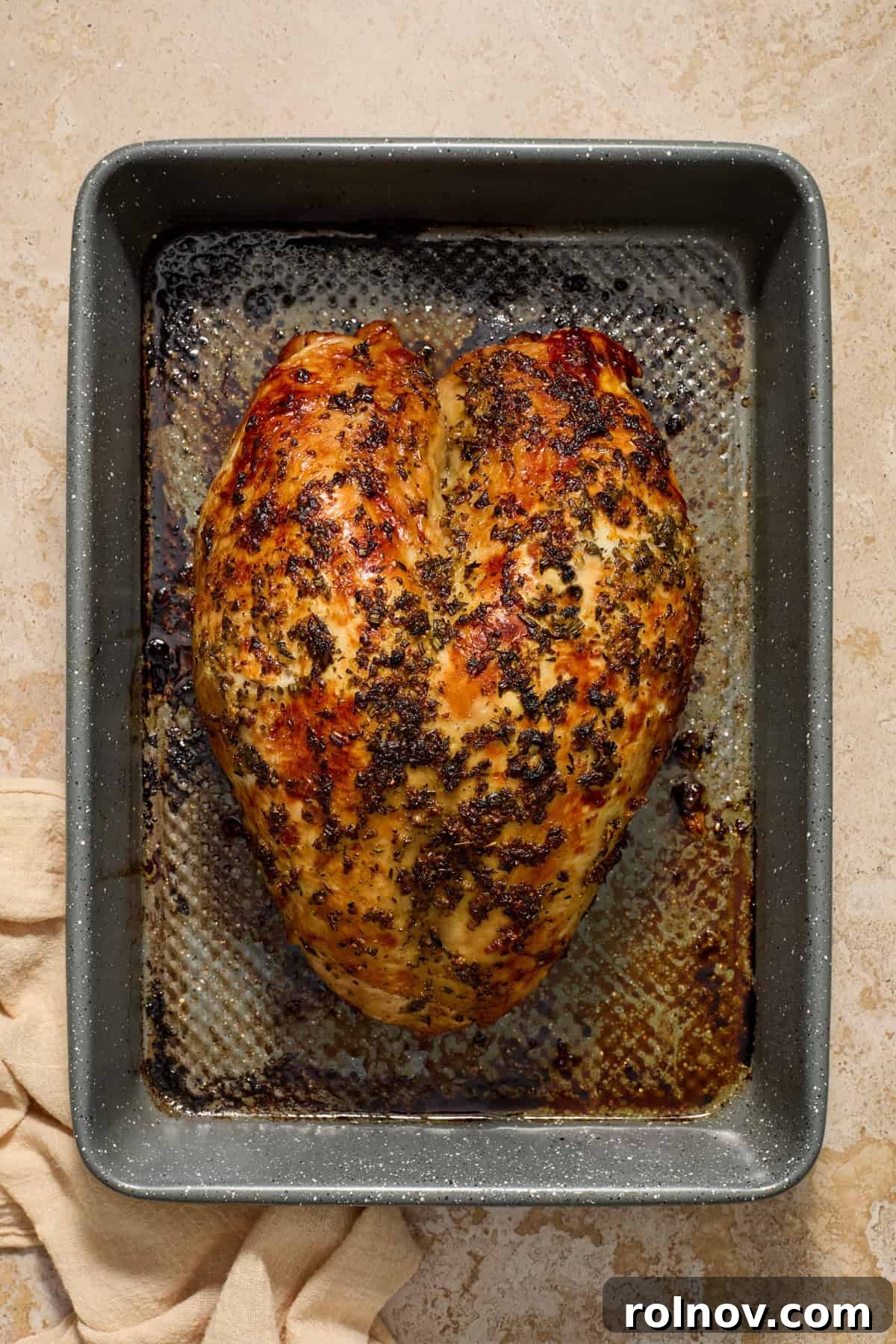 Broiled turkey in baking pan.