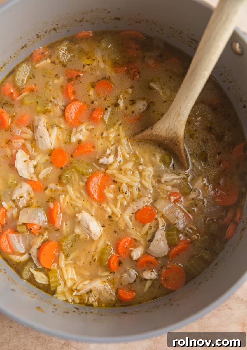Zesty Lemon Chicken Orzo Soup 7 Shredded chicken being added back into the simmering lemon chicken orzo soup, stirred with a wooden spoon.