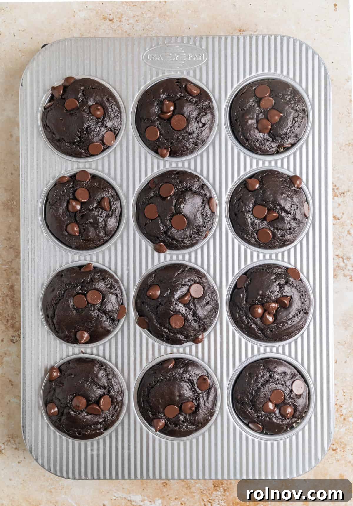 Emerald Chocolate Muffins 13 Baked chocolate spinach muffins in muffin tin.