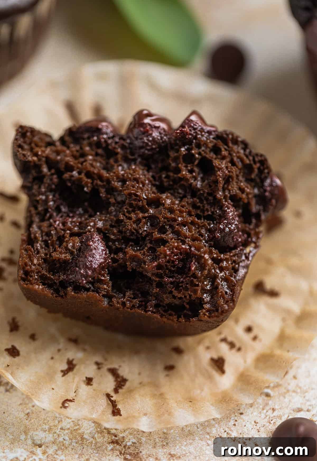 Emerald Chocolate Muffins 14 Chocolate green smoothie muffin with bite taken.