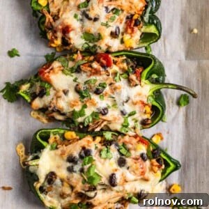 Chicken stuffed poblano peppers on parchment topped with cheese and cilantro.