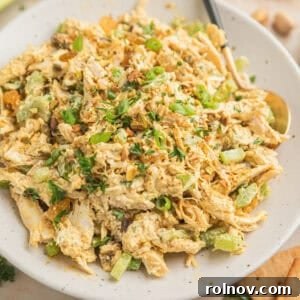Curry chicken salad on plate with spoon.
