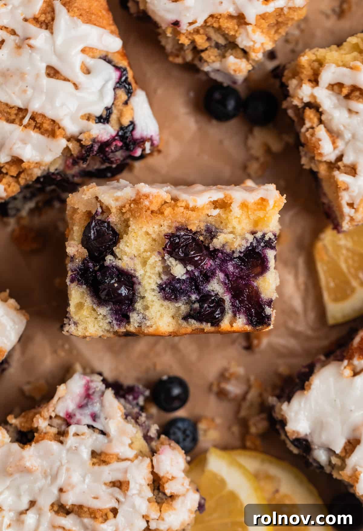 Bright and Zesty Blueberry Lemon Coffee Cake 2 Slice of blueberry lemon coffee cake propped on its side to show texture of cake layer.