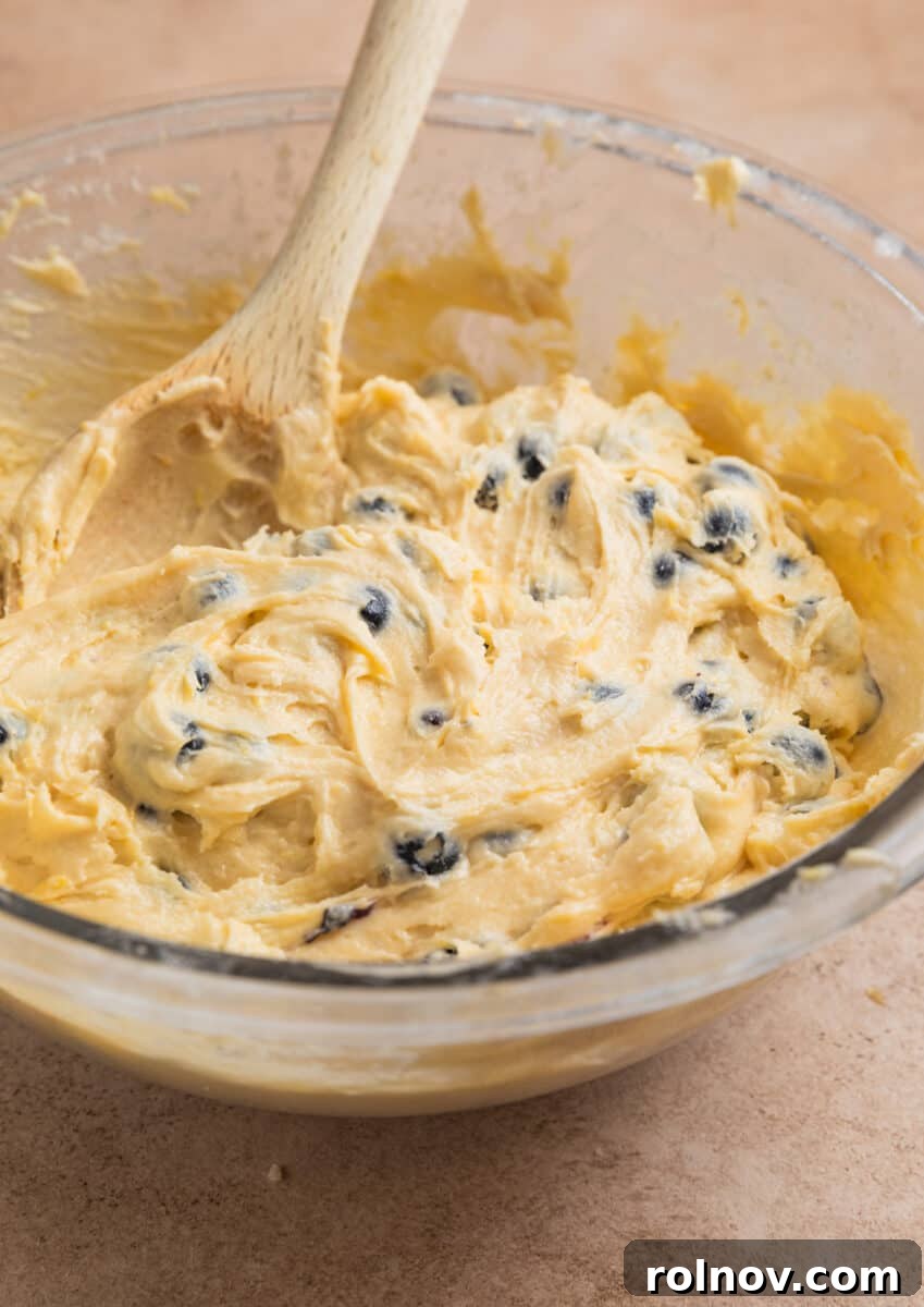 Bright and Zesty Blueberry Lemon Coffee Cake 11 Blueberry lemon coffee cake batter with wooden spoon in large glass bowl.