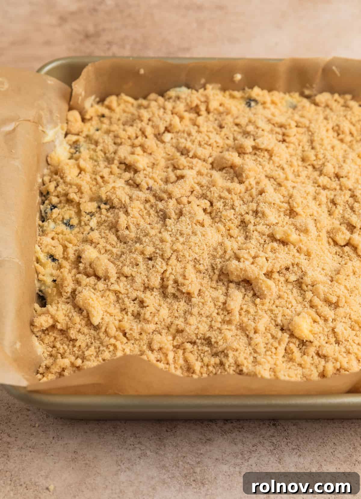 Bright and Zesty Blueberry Lemon Coffee Cake 15 Streusel added to top of coffee cake batter in pan.