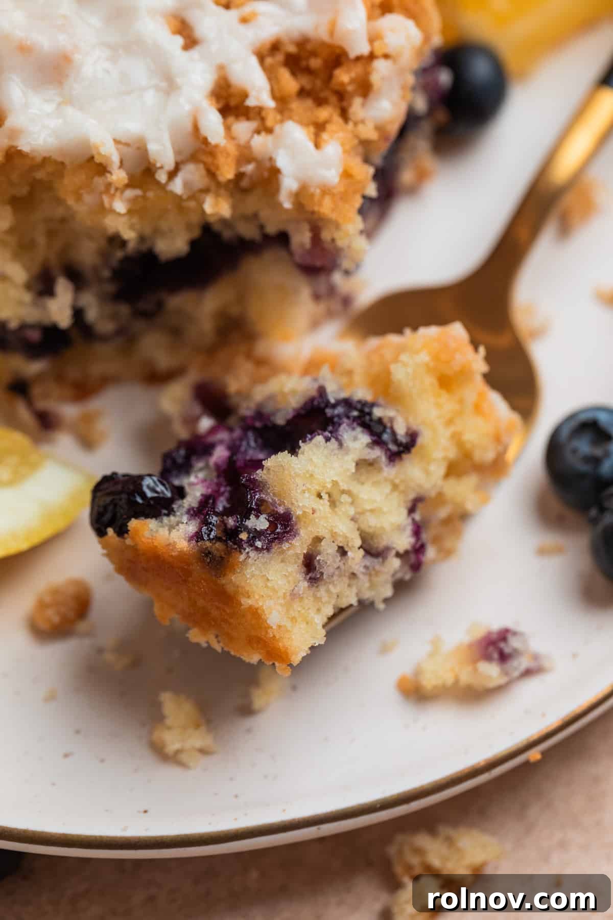 Bright and Zesty Blueberry Lemon Coffee Cake 18 Forkful of lemon blueberry coffee cake on plate with slice of cake.