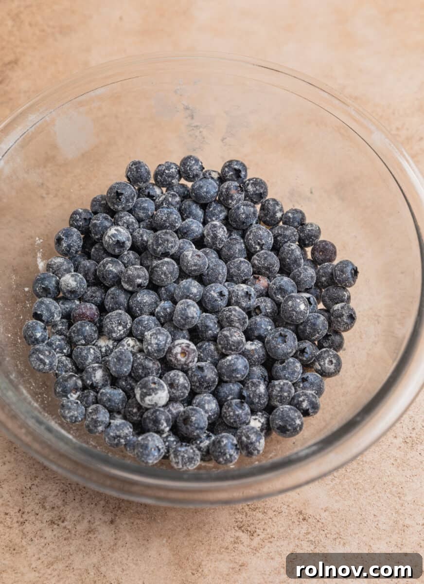 Bright and Zesty Blueberry Lemon Coffee Cake 9 Blueberries dusted in flour in glass mixing bowl.