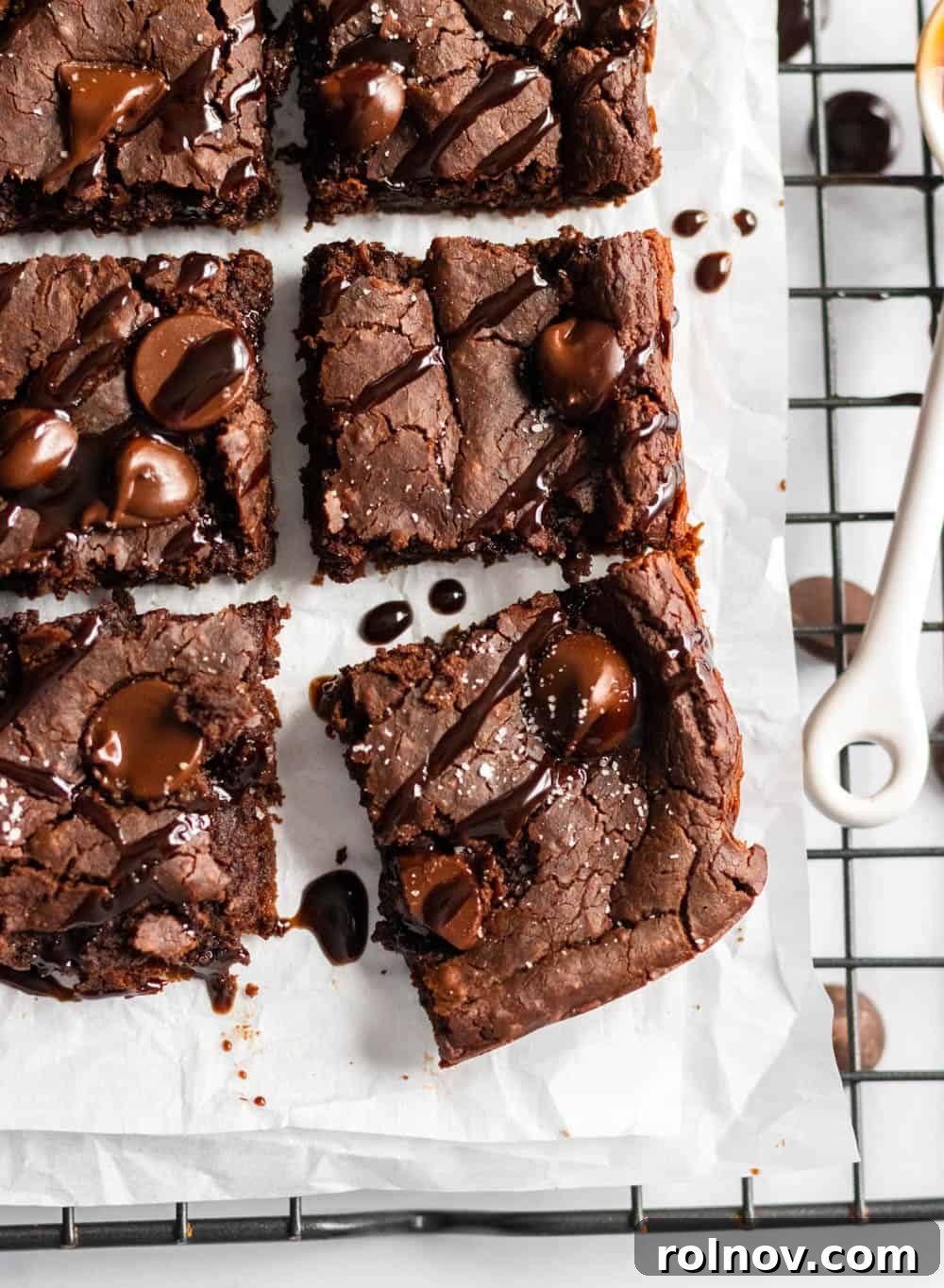 Hidden Gem Double Chocolate Brownies 2 Overhead shot of brownies with sea salt and drizzle.