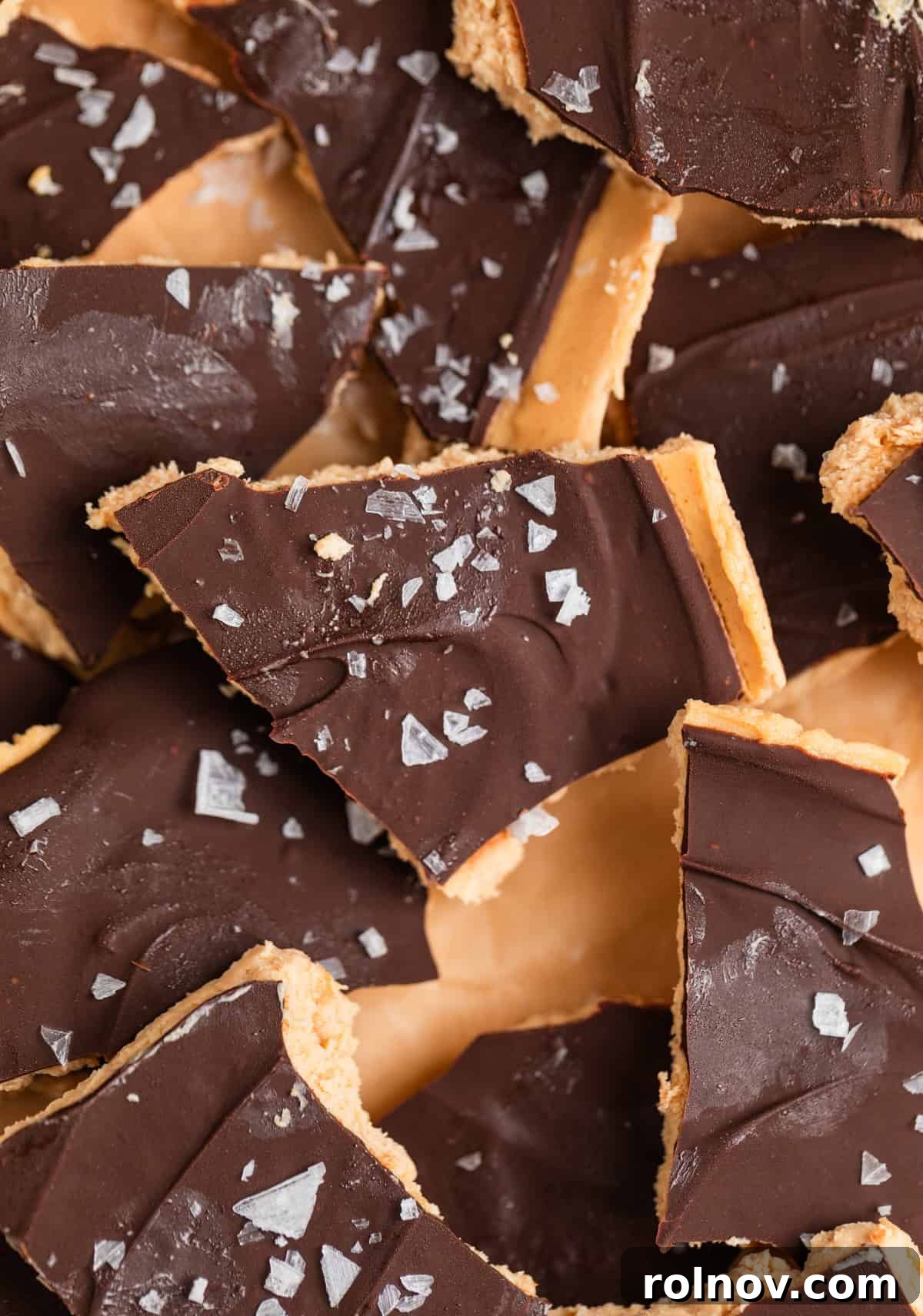 Frozen Greek Yogurt Bites 2 Frozen peanut butter Greek yogurt bark covered in chocolate with sea salt flakes on top, presented beautifully for a refreshing snack.