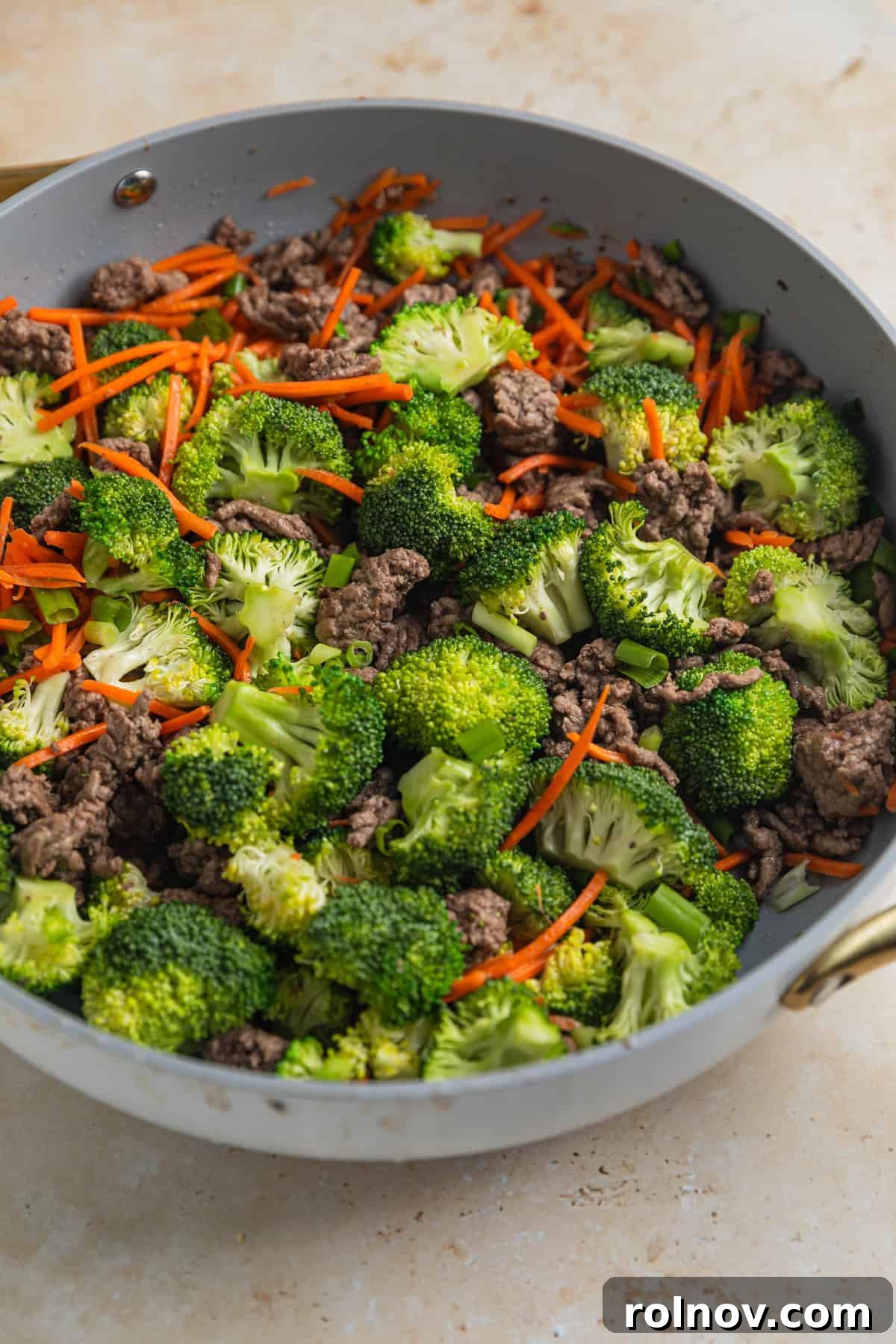 Sticky Teriyaki Ground Beef 7 Fresh broccoli florets and shredded carrots added to skillet with browned ground beef.