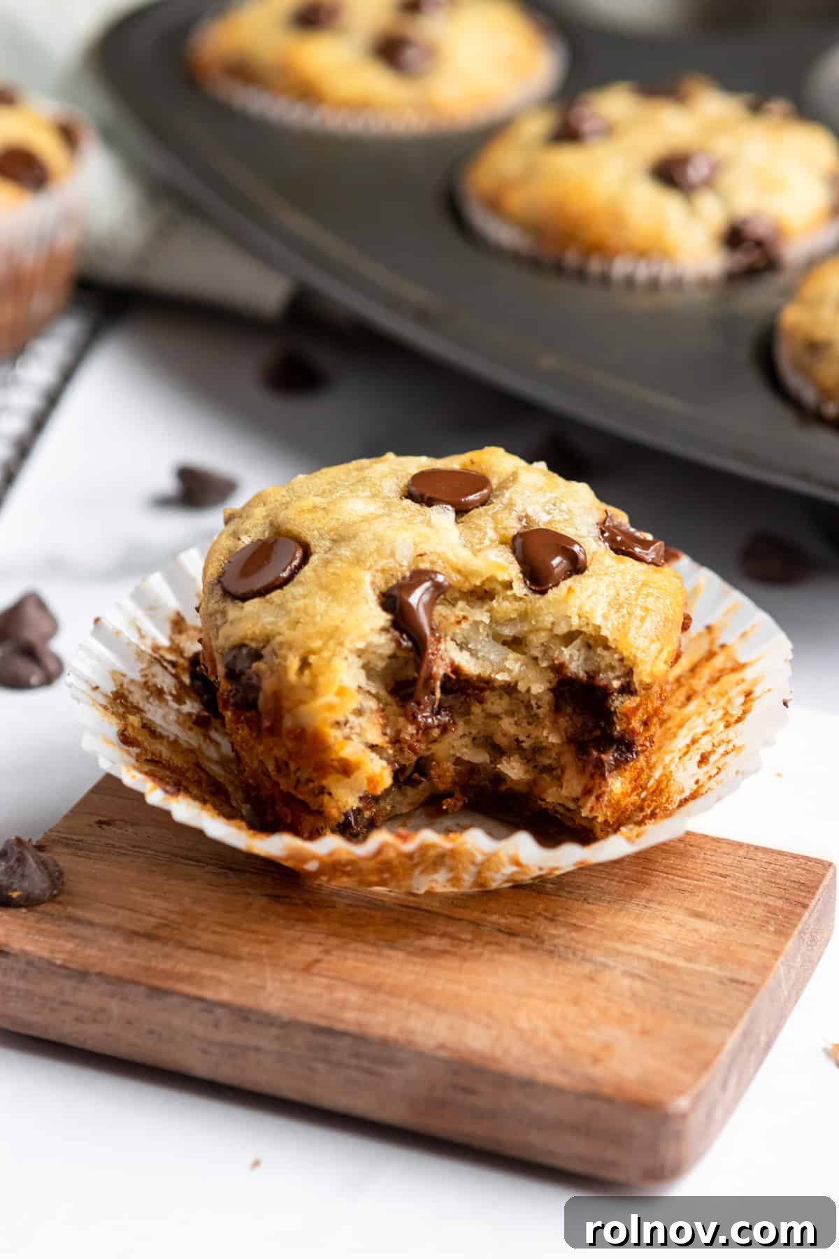 Tropical Banana Chocolate Chip Muffins 2 A simple coconut banana muffin with chocolate chips on a wooden coaster, with a bite taken out, showing its moist interior.