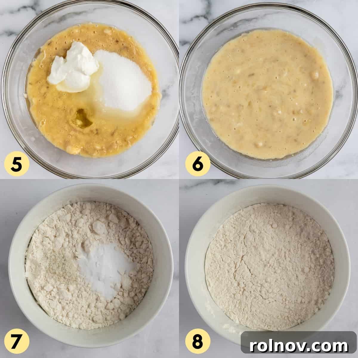Tropical Banana Chocolate Chip Muffins 6 Process shots showing steps 5 through 8 of making coconut banana muffins: adding sugar, oil, and yogurt, and mixing dry ingredients separately.
