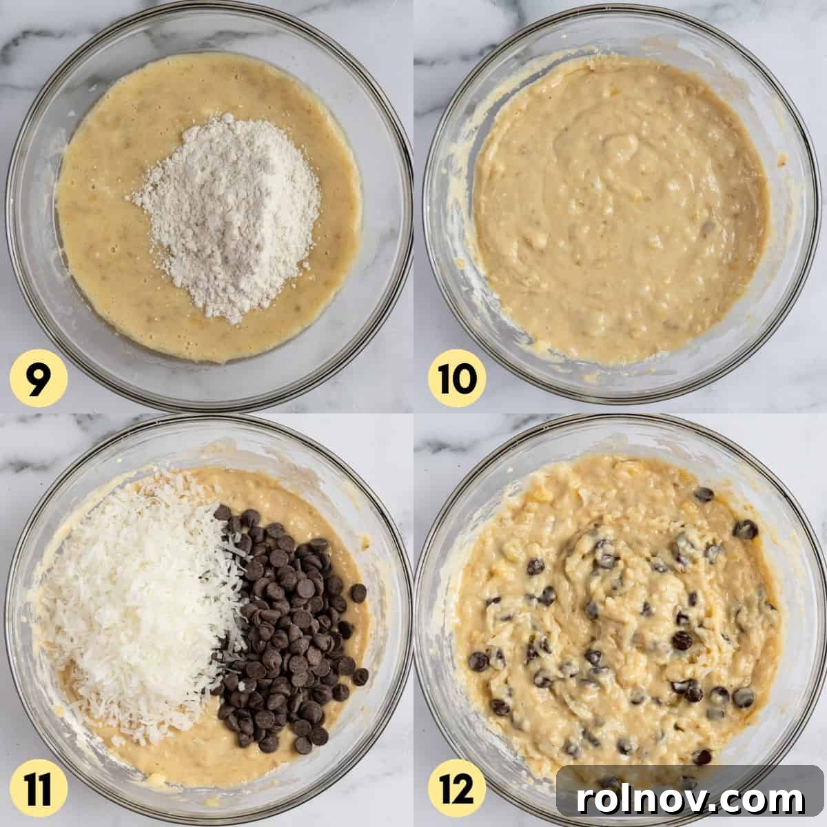 Tropical Banana Chocolate Chip Muffins 7 Process shots showing steps 9 through 12 of making coconut banana muffins: slowly adding dry ingredients to wet, and folding in coconut and chocolate chips.