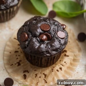 Chocolate spinach muffin sitting on open muffin liner with chocolate chips and spinach surrounding.