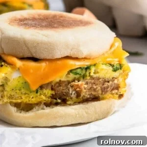 Sausage spinach egg mcmuffin sandwich.