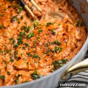 Skillet with creamy orzo and chicken breast topped with chopped parsley.