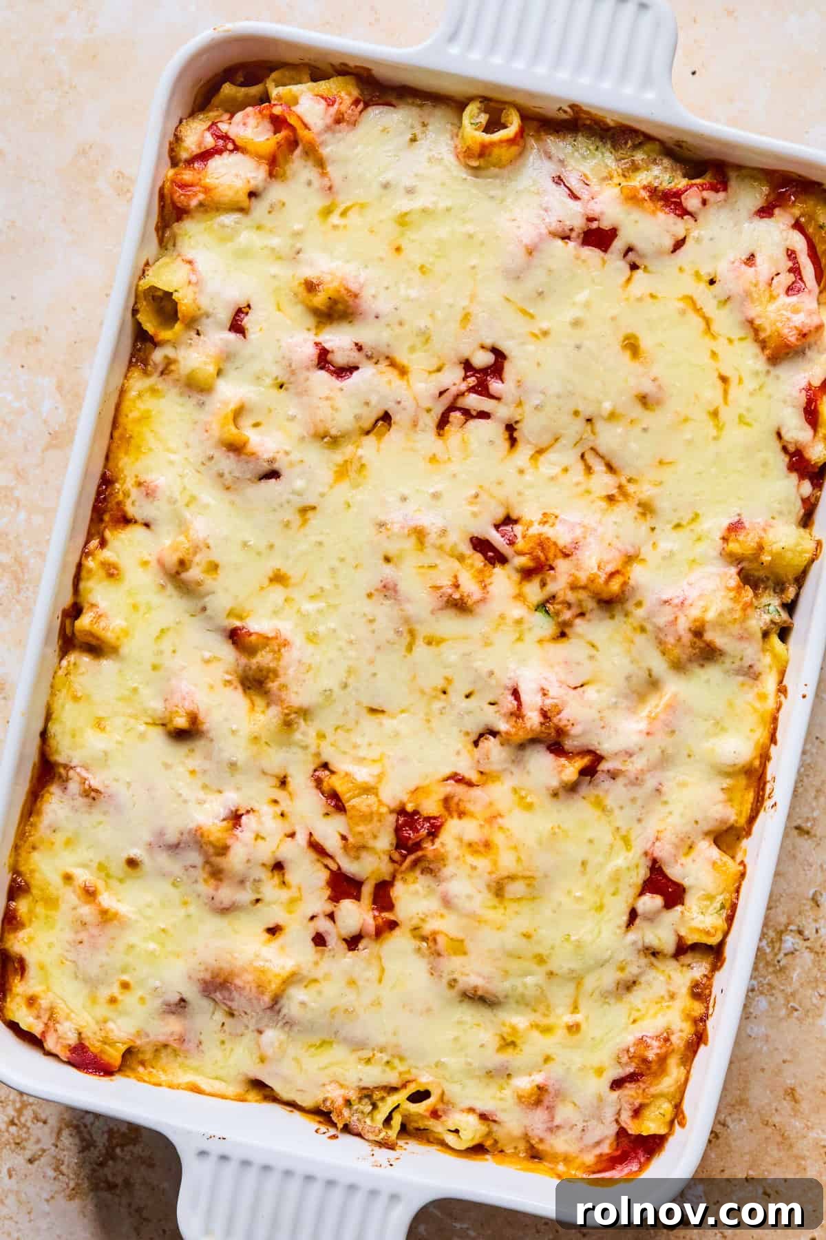 Rustic Italian Sausage Pasta Casserole 14 Baking pan with pasta bake cooked.