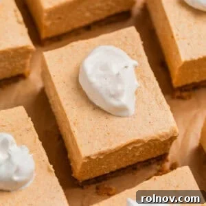 Pumpkin cheesecake bars arranged on brown parchment topped with a dollop of whipped cream.