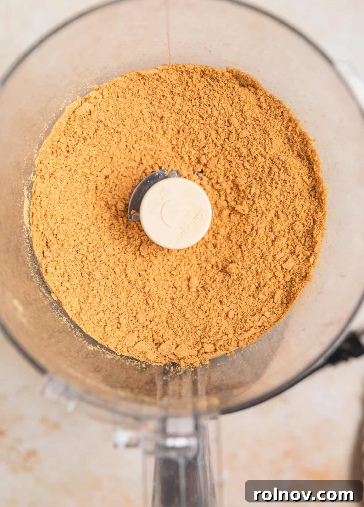 Finely ground ginger snap cookies in a food processor, creating a sandy texture for the crust.