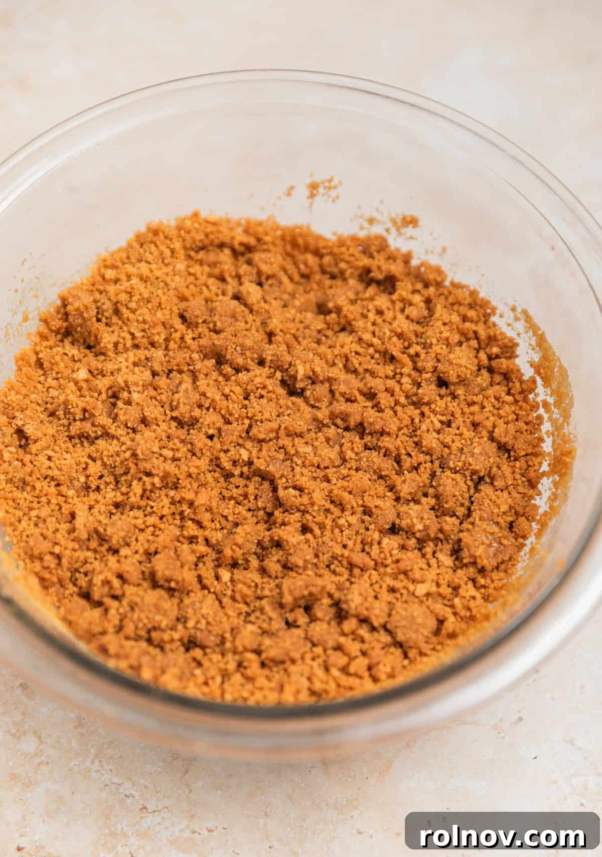 Close-up of the ginger snap cookie crust mixture, showing its crumbly yet cohesive texture in a mixing bowl.