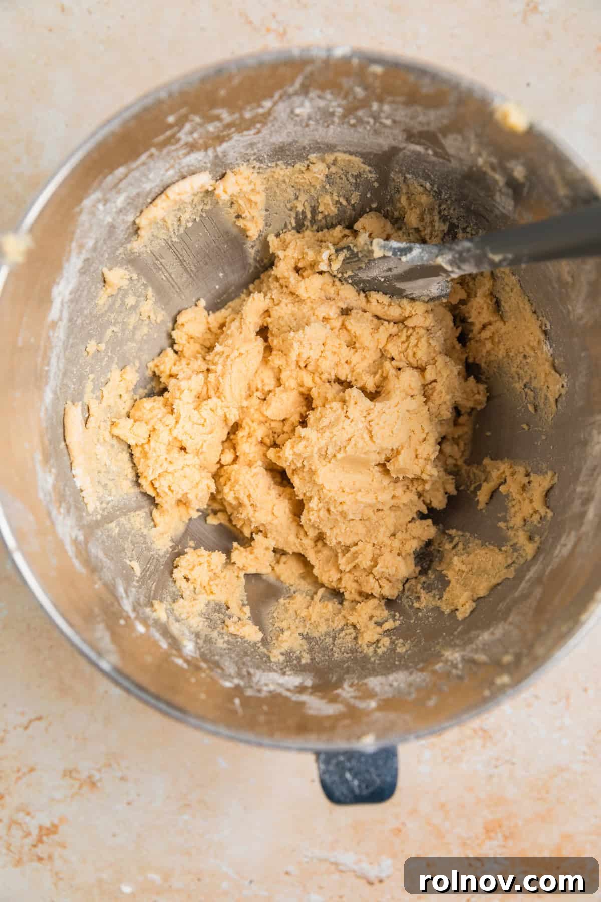 Irresistible Nutella Thumbprints 8 Thumbprint cookie dough in mixer bowl.