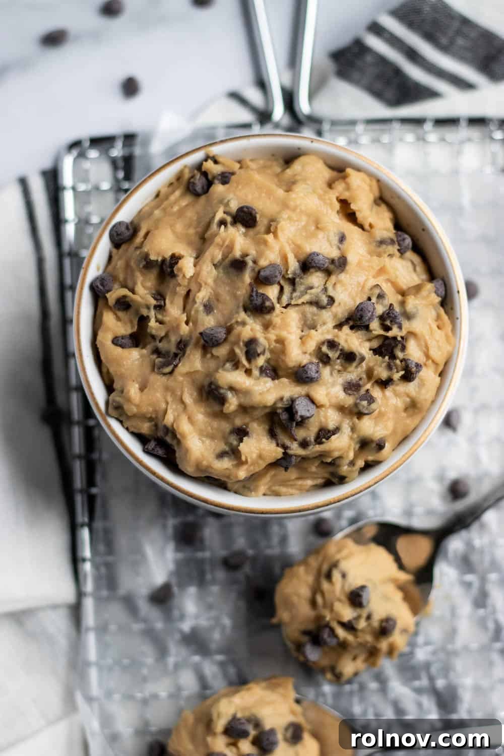 Secret Ingredient Cookie Dough Delight 3 Overhead shot of chickpea cookie dough in bowl.