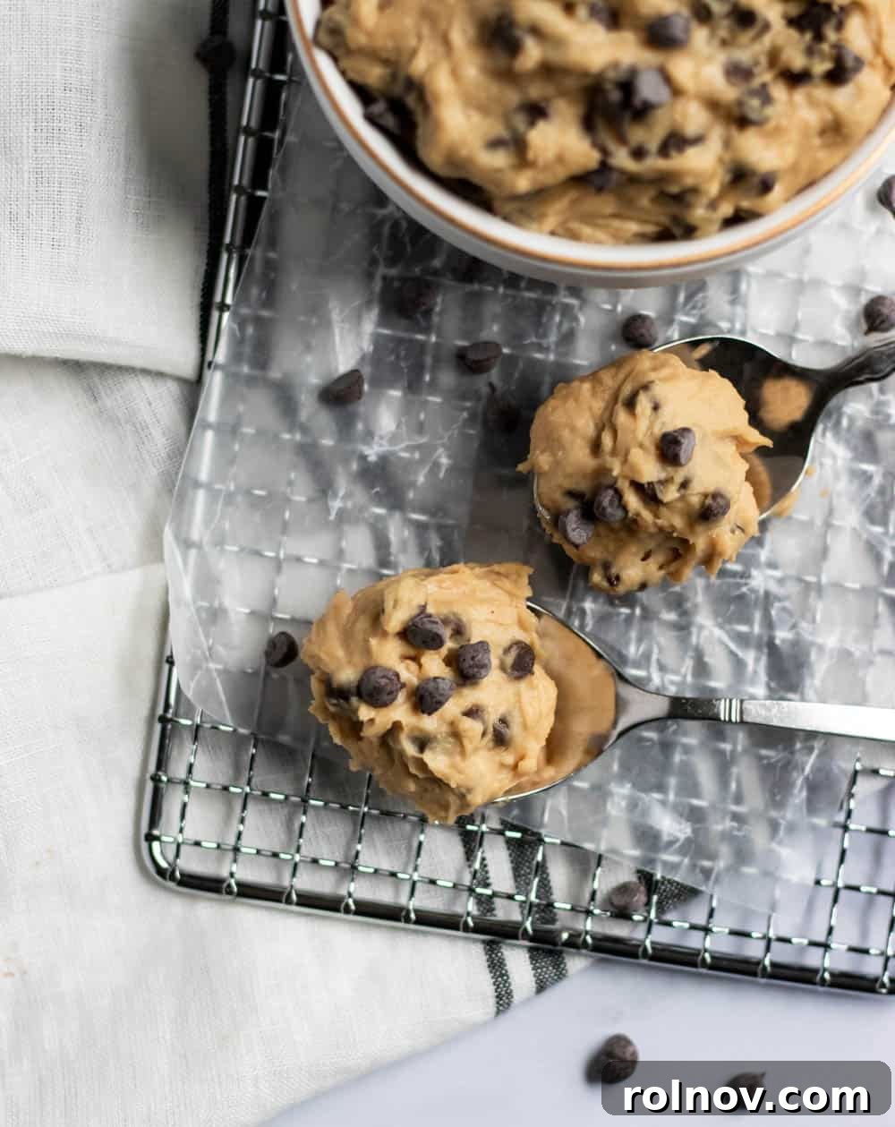 Secret Ingredient Cookie Dough Delight 5 Vegan Chickpea Cookie Dough in spoon.
