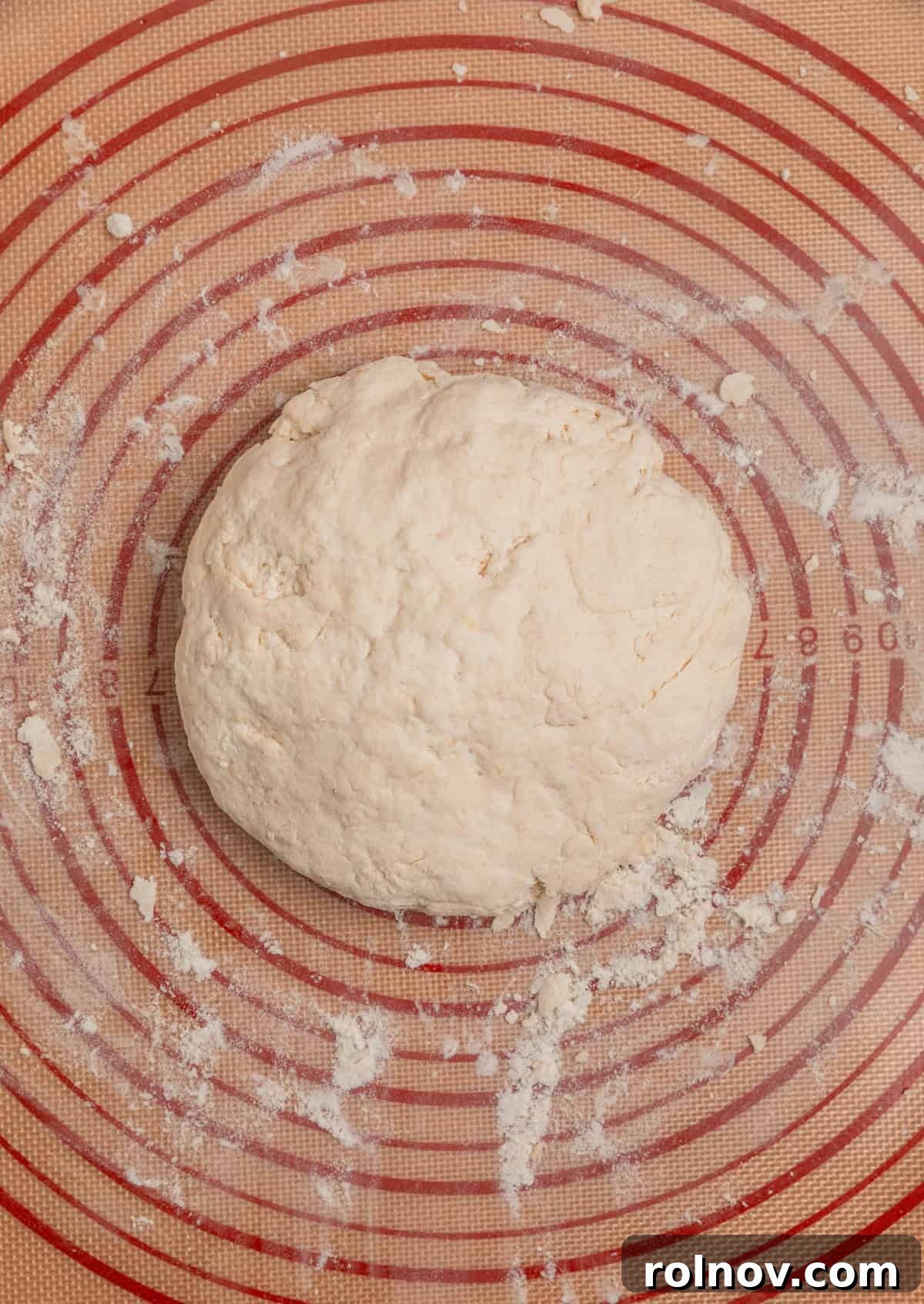 Dinner roll dough on pastry mat with flour.