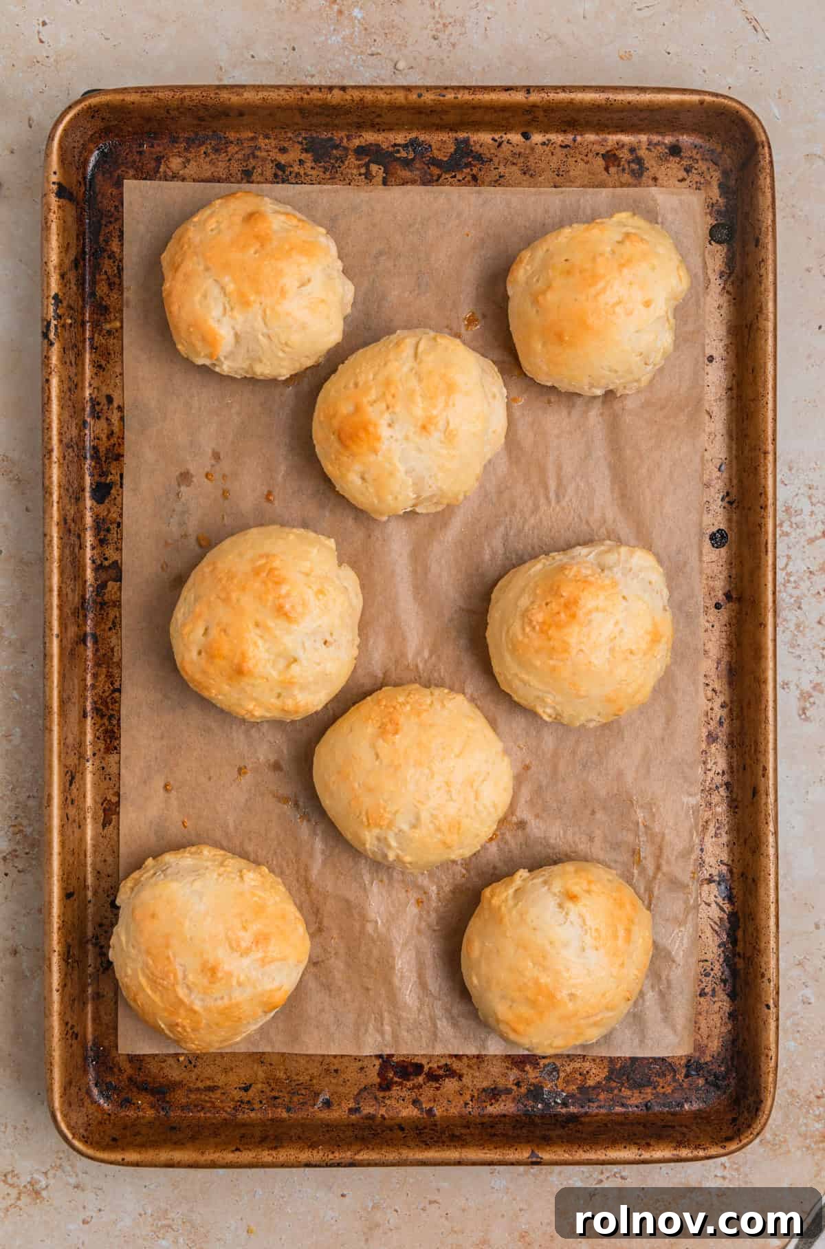 Baked no yeast dinner rolls on baking sheet.