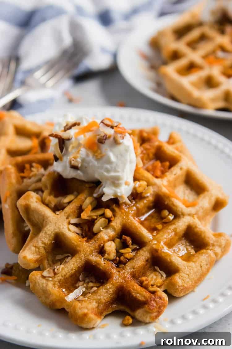Rustic Carrot Cake Waffles 2 Delicious Whole Wheat Carrot Cake Waffles garnished with fresh ingredients, perfect for a healthy and satisfying breakfast or brunch.