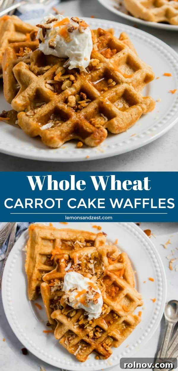 Rustic Carrot Cake Waffles 6 A beautifully composed shot of Whole Wheat Carrot Cake Waffles with a sprig of fresh mint and a dusting of powdered sugar, emphasizing their homemade appeal.