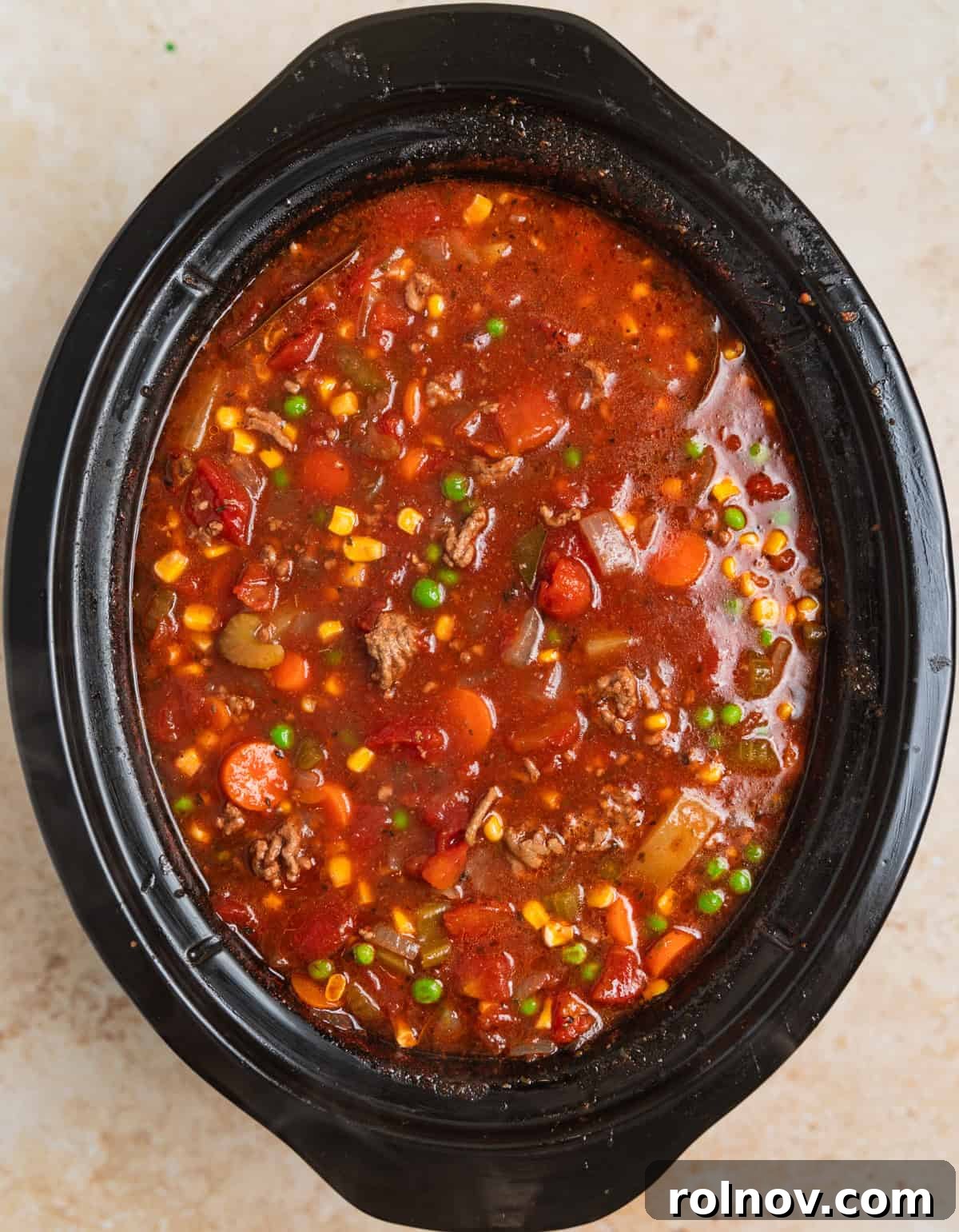 Hearty Slow Cooker Ground Beef Soup 9 Crockpot hamburger soup in crockpot after fully cooked and ready to serve.