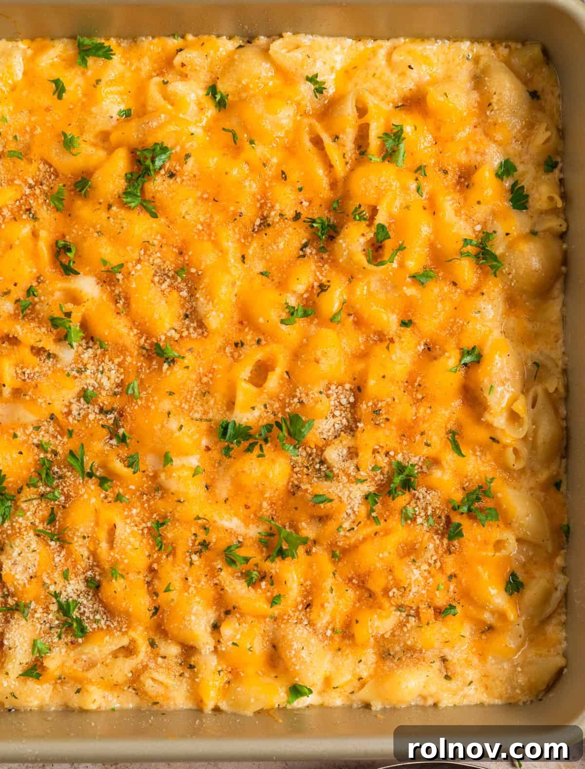 Muscle Mac 10 A baking pan filled with freshly baked protein-packed macaroni and cheese, topped with crispy breadcrumbs and chopped parsley.