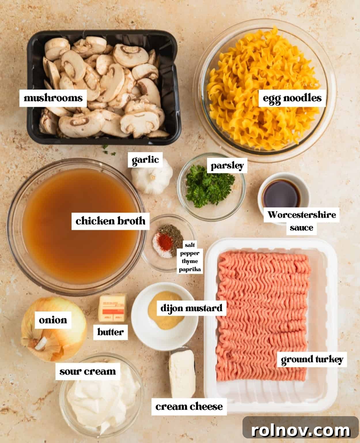 Creamy Ground Turkey Stroganoff 3 Ingredients for ground turkey stroganoff in separate bowls including ground turkey, mushrooms, onions, and broth.